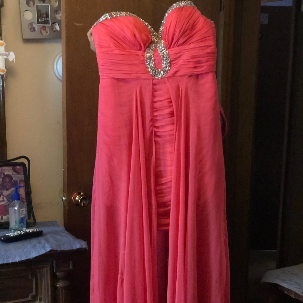 Coral Strapless Sequined-Top Gown w/Mini Skirt